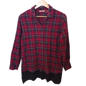 Soft Surroundings Red Navy Plaid Flannel Cotton Button Up Shirt Med Cotton